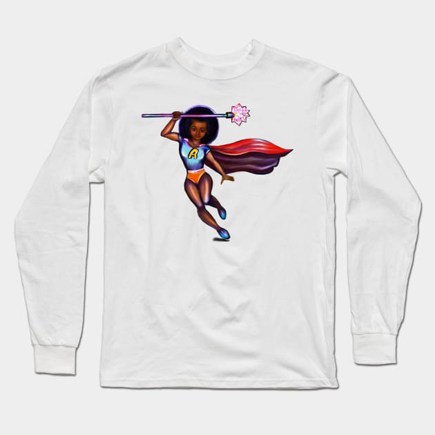 Black anime superhero girl from space with red cape ! beautiful  black girl with Afro hair, brown eyes, Cherry pink lips and dark brown skin. Hair love ! Long Sleeve T-Shirt by Artonmytee